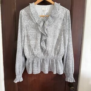 TED BAKER | White Crinkle Chiffon Swiss Dot Ruffle neck Boho Blouse | Size 4